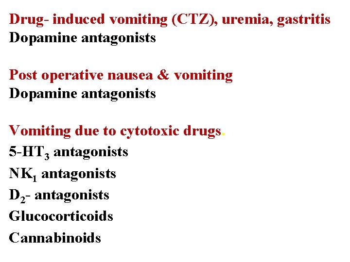 Drug- induced vomiting (CTZ), uremia, gastritis Dopamine antagonists Post operative nausea & vomiting Dopamine