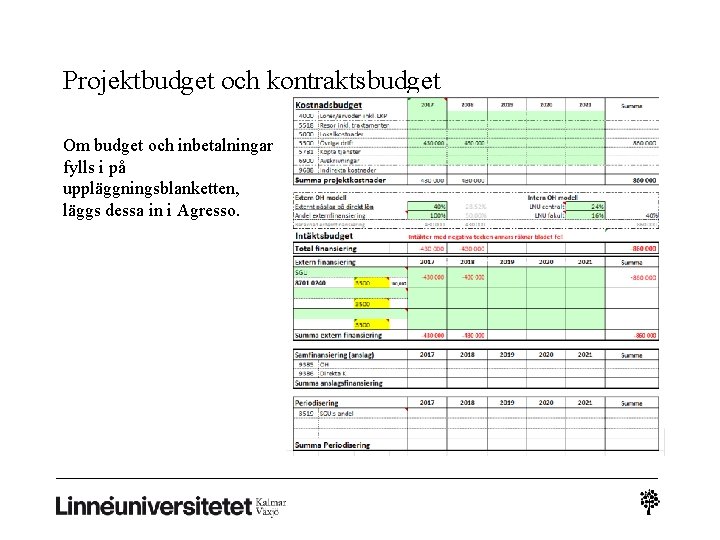 Projektbudget och kontraktsbudget Om budget och inbetalningar fylls i på uppläggningsblanketten, läggs dessa in