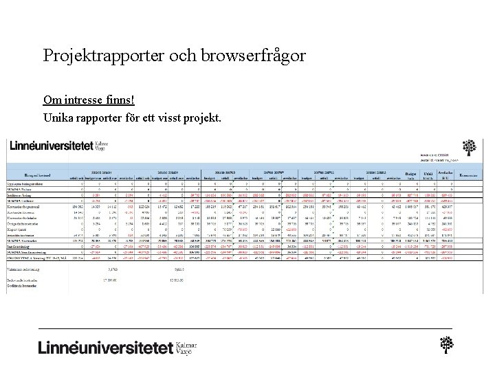 Projektrapporter och browserfrågor Om intresse finns! Unika rapporter för ett visst projekt. 
