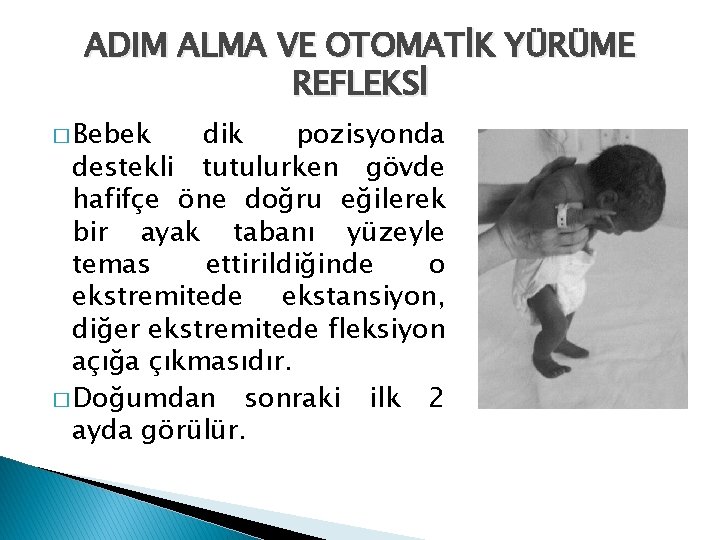 ADIM ALMA VE OTOMATİK YÜRÜME REFLEKSİ � Bebek dik pozisyonda destekli tutulurken gövde hafifçe