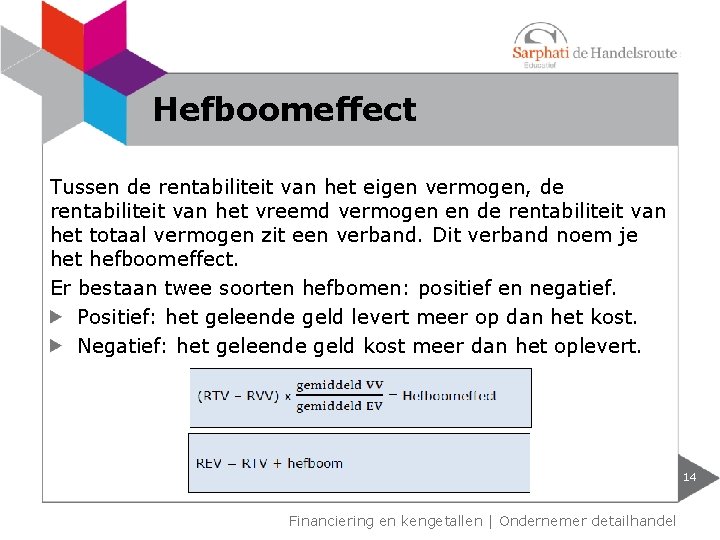 Hefboomeffect Tussen de rentabiliteit van het eigen vermogen, de rentabiliteit van het vreemd vermogen