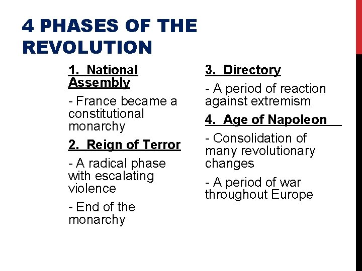 4 PHASES OF THE REVOLUTION 1. National Assembly - France became a constitutional monarchy