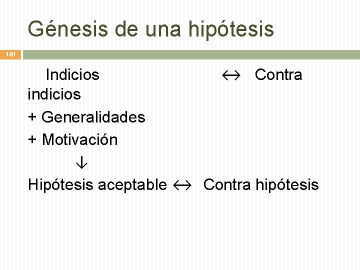 Génesis de una hipótesis 149 Indicios ↔ Contra indicios + Generalidades + Motivación ↓