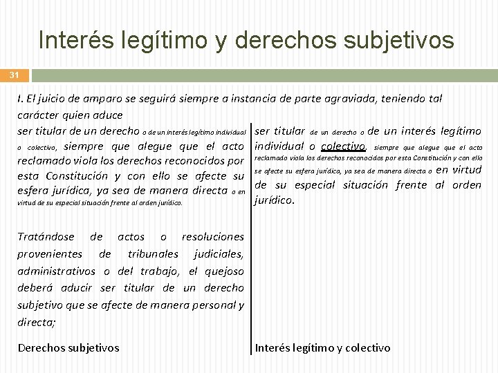 Interés legítimo y derechos subjetivos 31 I. El juicio de amparo se seguirá siempre