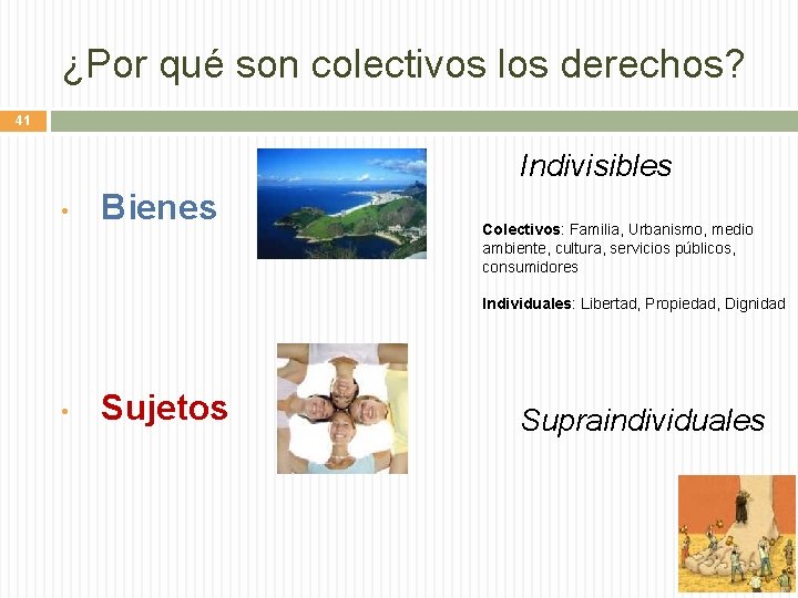 ¿Por qué son colectivos los derechos? 41 Indivisibles • Bienes Colectivos: Familia, Urbanismo, medio