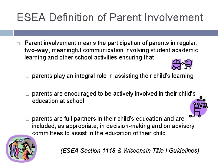 ESEA Definition of Parent Involvement Parent involvement means the participation of parents in regular,