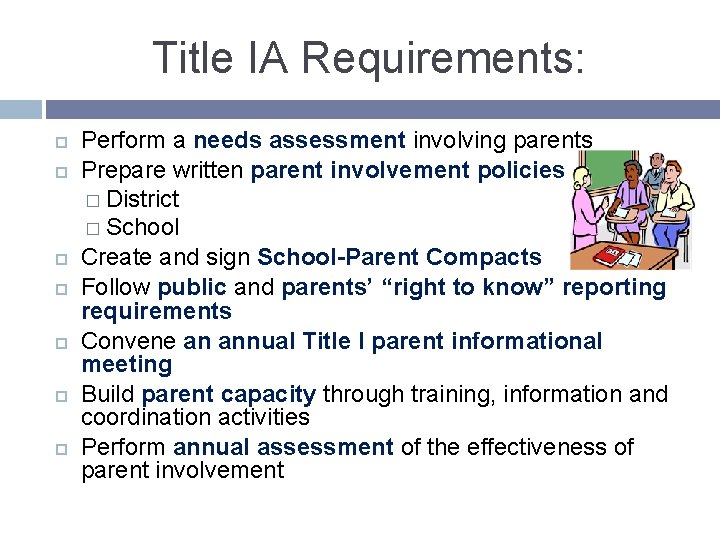 Title IA Requirements: Perform a needs assessment involving parents Prepare written parent involvement policies