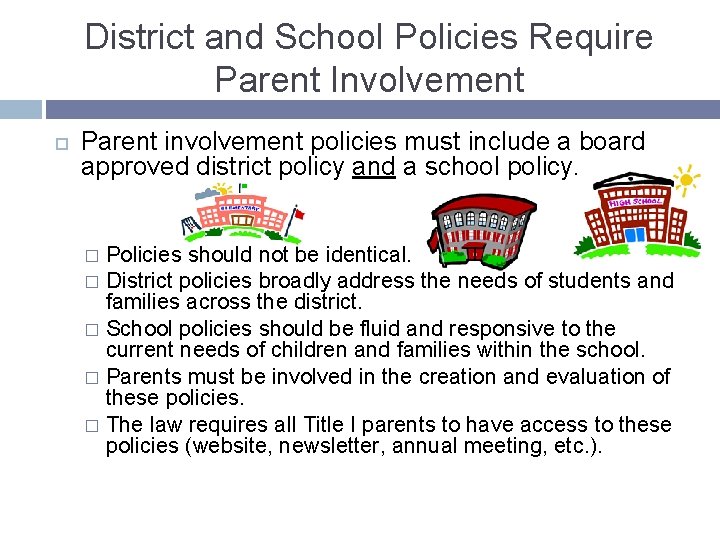 District and School Policies Require Parent Involvement Parent involvement policies must include a board