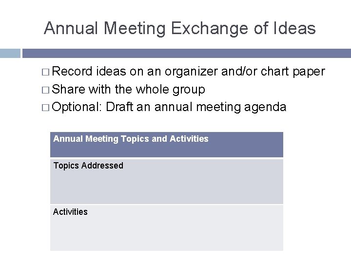 Annual Meeting Exchange of Ideas � Record ideas on an organizer and/or chart paper
