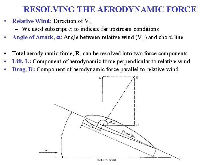 RESOLVING THE AERODYNAMIC FORCE • Relative Wind: Direction of V∞ – We used subscript