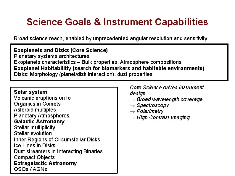 Science Goals & Instrument Capabilities Broad science reach, enabled by unprecedented angular resolution and