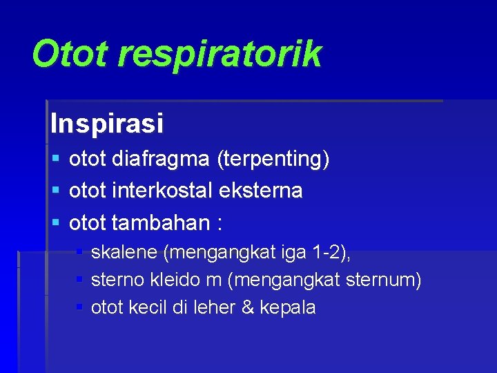 Otot respiratorik Inspirasi § otot diafragma (terpenting) § otot interkostal eksterna § otot tambahan