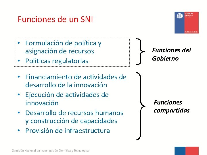 Funciones de un SNI • Formulación de política y asignación de recursos • Políticas