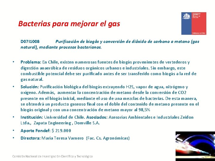 Bacterias para mejorar el gas D 07 I 1008 Purificación de biogás y conversión