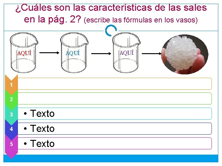 ¿Cuáles son las características de las sales en la pág. 2? (escribe las fórmulas