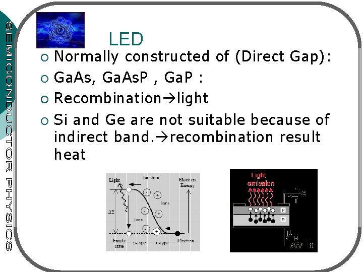 LED Normally constructed of (Direct Gap): ¡ Ga. As, Ga. As. P , Ga.