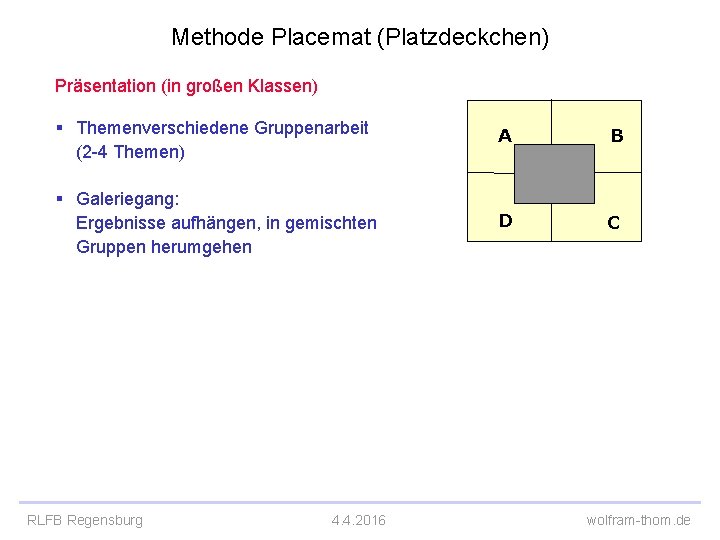 Methode Placemat (Platzdeckchen) Präsentation (in großen Klassen) § Themenverschiedene Gruppenarbeit (2 -4 Themen) A