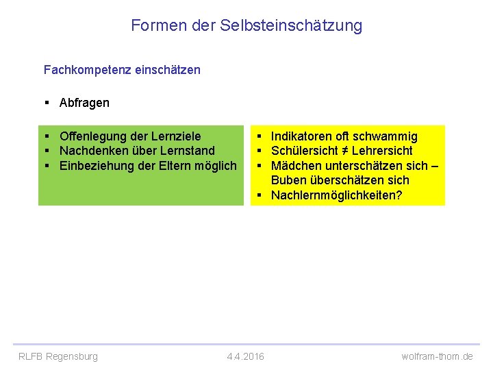 Formen der Selbsteinschätzung Fachkompetenz einschätzen § Abfragen § Offenlegung der Lernziele § Nachdenken über