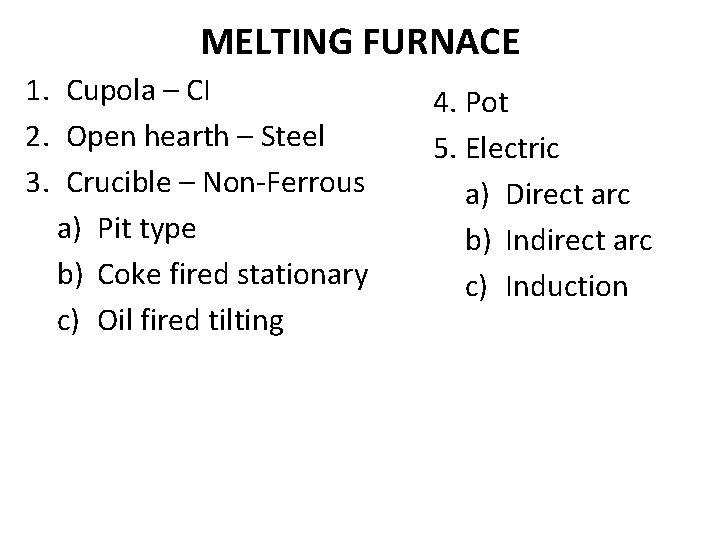 MELTING FURNACE 1. Cupola – CI 2. Open hearth – Steel 3. Crucible – MELTING FURNACE 1. Cupola – CI 2. Open hearth – Steel 3. Crucible –