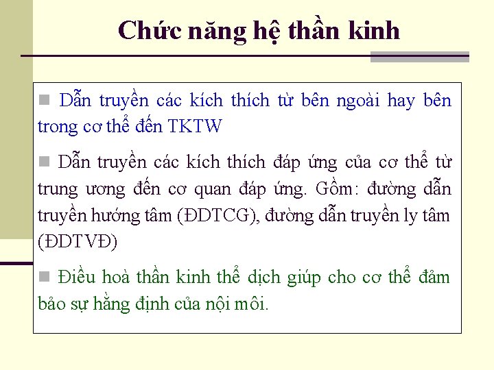 Chức năng hệ thần kinh n Dẫn truyền các kích thích từ bên ngoài