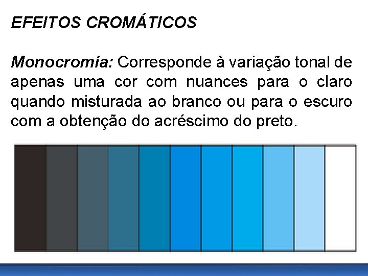 EFEITOS CROMÁTICOS Monocromia: Corresponde à variação tonal de apenas uma cor com nuances para