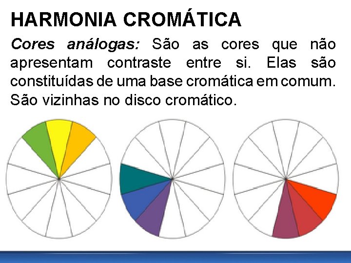 HARMONIA CROMÁTICA Cores análogas: São as cores que não apresentam contraste entre si. Elas