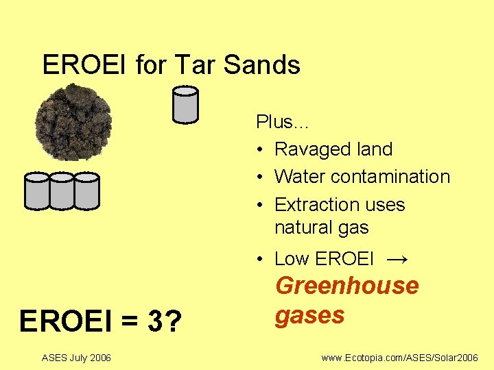 EROEI for Tar Sands Plus… • Ravaged land • Water contamination • Extraction uses