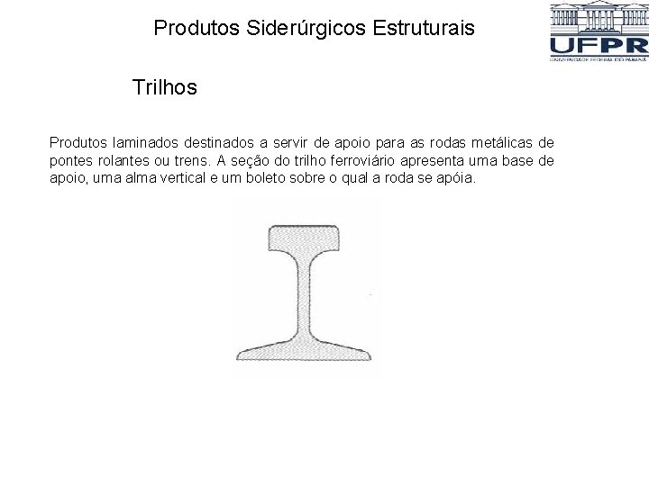 Produtos Siderúrgicos Estruturais Trilhos Produtos laminados destinados a servir de apoio para as rodas Produtos Siderúrgicos Estruturais Trilhos Produtos laminados destinados a servir de apoio para as rodas