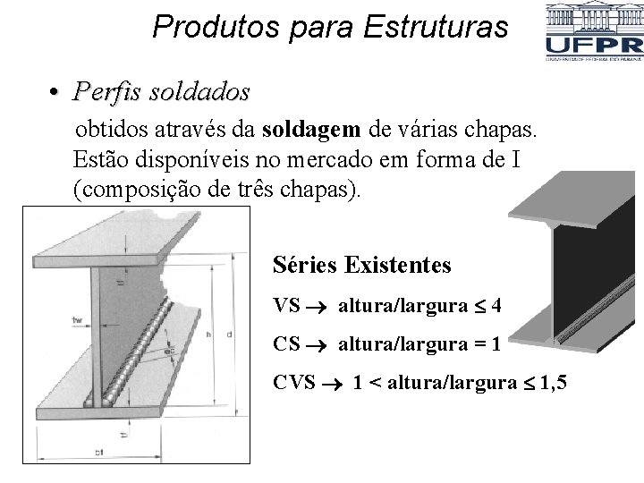 Produtos para Estruturas • Perfis soldados obtidos através da soldagem de várias chapas. Estão Produtos para Estruturas • Perfis soldados obtidos através da soldagem de várias chapas. Estão