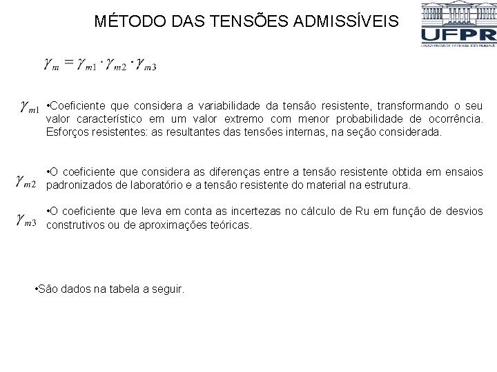 MÉTODO DAS TENSÕES ADMISSÍVEIS • Coeficiente que considera a variabilidade da tensão resistente, transformando MÉTODO DAS TENSÕES ADMISSÍVEIS • Coeficiente que considera a variabilidade da tensão resistente, transformando