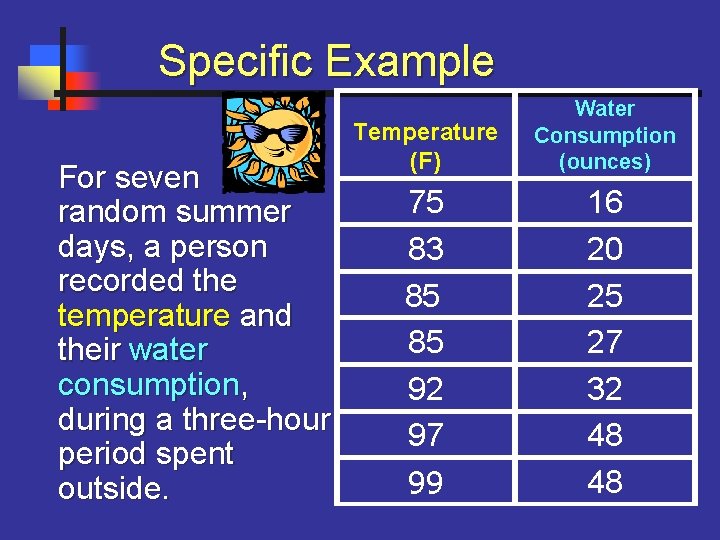  Specific Example For seven random summer days, a person recorded the temperature and