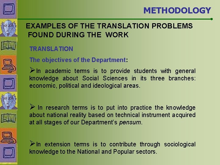 METHODOLOGY EXAMPLES OF THE TRANSLATION PROBLEMS FOUND DURING THE WORK TRANSLATION The objectives of