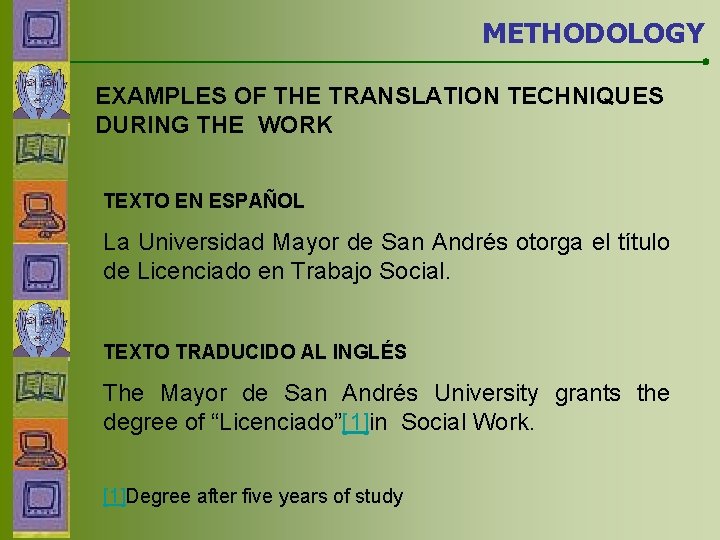 METHODOLOGY EXAMPLES OF THE TRANSLATION TECHNIQUES DURING THE WORK TEXTO EN ESPAÑOL La Universidad