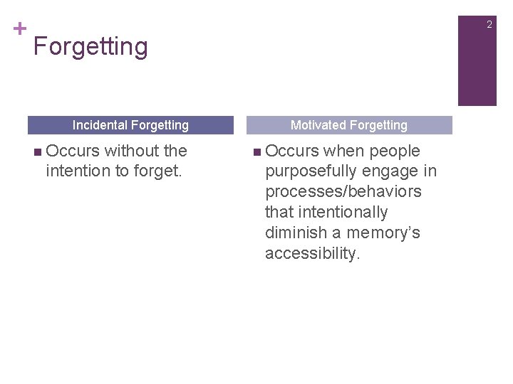 + 2 Forgetting Incidental Forgetting n Occurs without the intention to forget. Motivated Forgetting