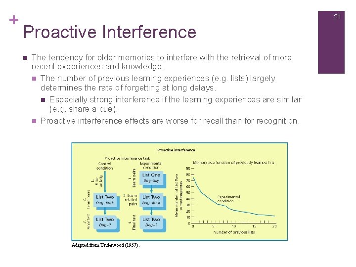 + 21 Proactive Interference n The tendency for older memories to interfere with the