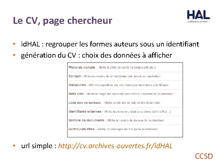 Le CV, page chercheur • id. HAL : regrouper les formes auteurs sous un