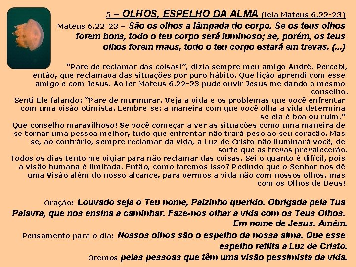 5 – OLHOS, ESPELHO DA ALMA (leia Mateus 6. 22 -23) São os olhos