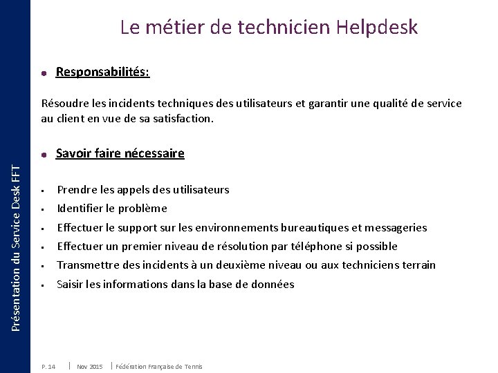 Le métier de technicien Helpdesk Responsabilités: Résoudre les incidents techniques des utilisateurs et garantir