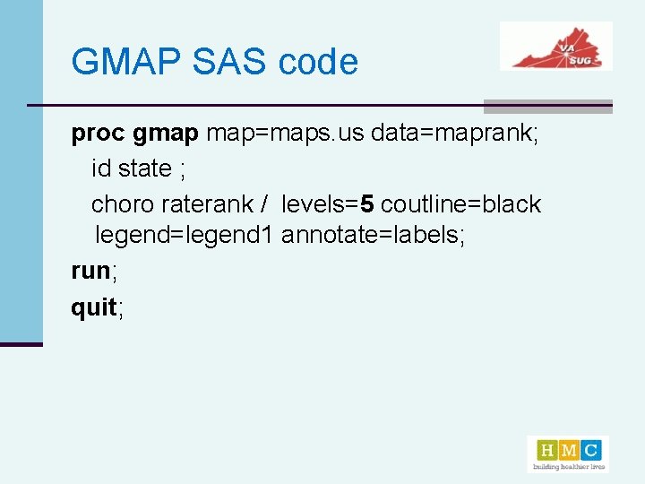 GMAP SAS code proc gmap map=maps. us data=maprank; id state ; choro raterank /