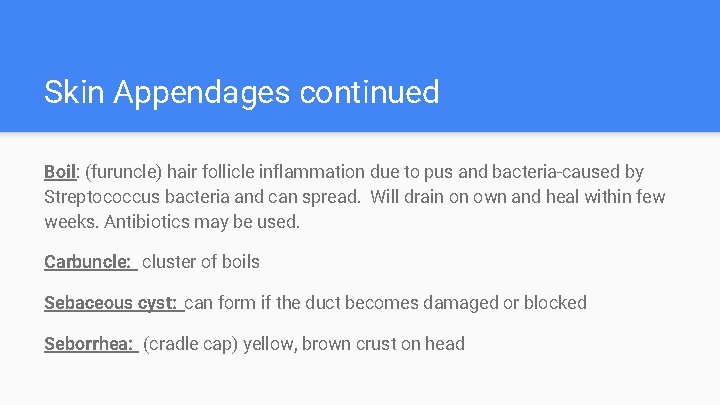 Skin Appendages continued Boil: (furuncle) hair follicle inflammation due to pus and bacteria-caused by