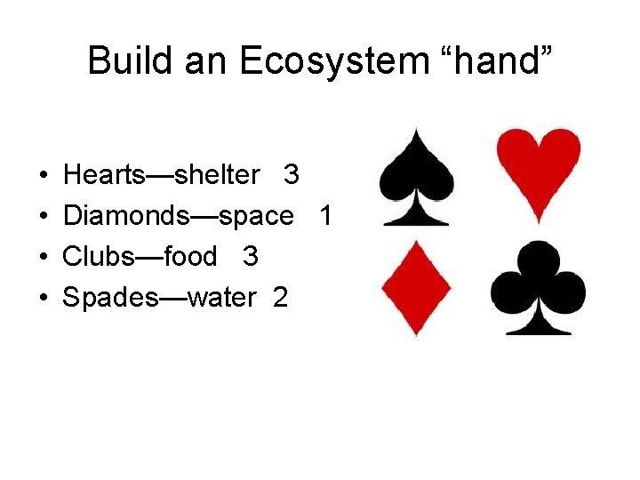 Build an Ecosystem “hand” • • Hearts—shelter 3 Diamonds—space 1 Clubs—food 3 Spades—water 2 Build an Ecosystem “hand” • • Hearts—shelter 3 Diamonds—space 1 Clubs—food 3 Spades—water 2