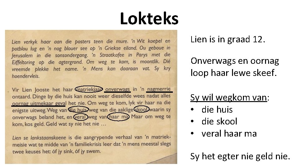 Lokteks Lien is in graad 12. Onverwags en oornag loop haar lewe skeef. Sy