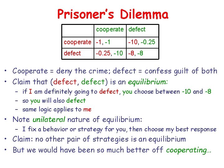 Prisoner’s Dilemma cooperate defect cooperate -1, -1 defect -10, -0. 25, -10 -8, -8 Prisoner’s Dilemma cooperate defect cooperate -1, -1 defect -10, -0. 25, -10 -8, -8