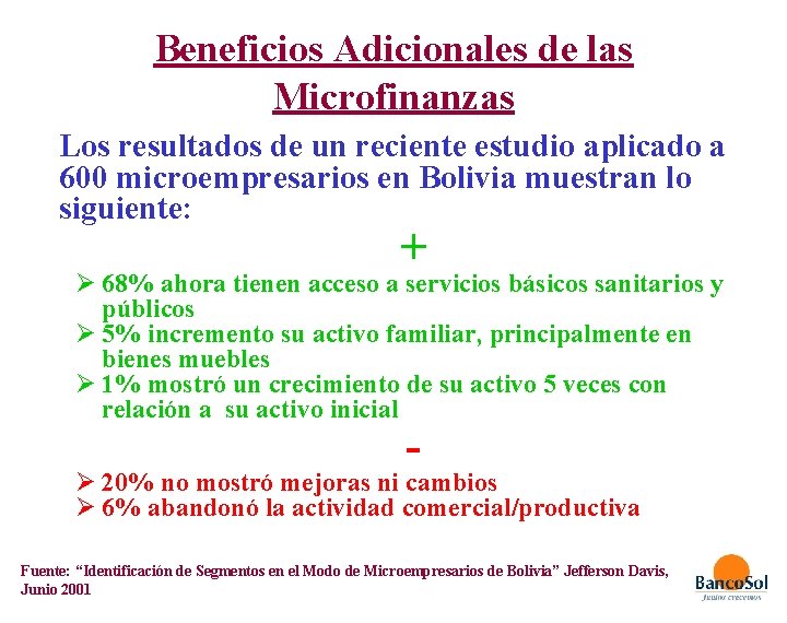 Beneficios Adicionales de las Microfinanzas Los resultados de un reciente estudio aplicado a 600