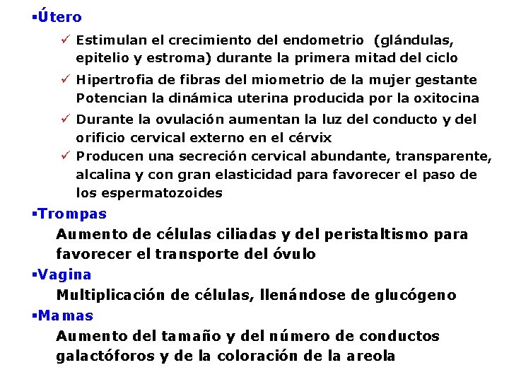 §Útero ü Estimulan el crecimiento del endometrio (glándulas, epitelio y estroma) durante la primera