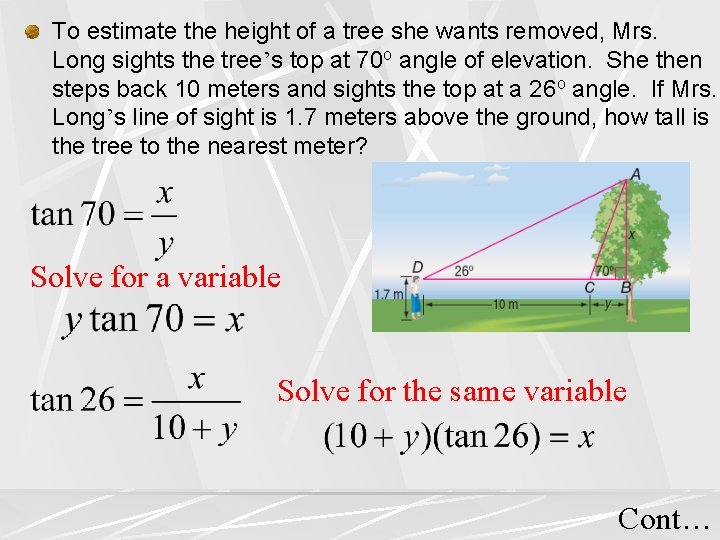 To estimate the height of a tree she wants removed, Mrs. Long sights the