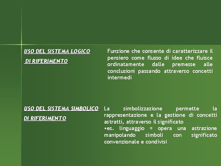 USO DEL SISTEMA LOGICO DI RIFERIMENTO Funzione che consente di caratterizzare il pensiero come