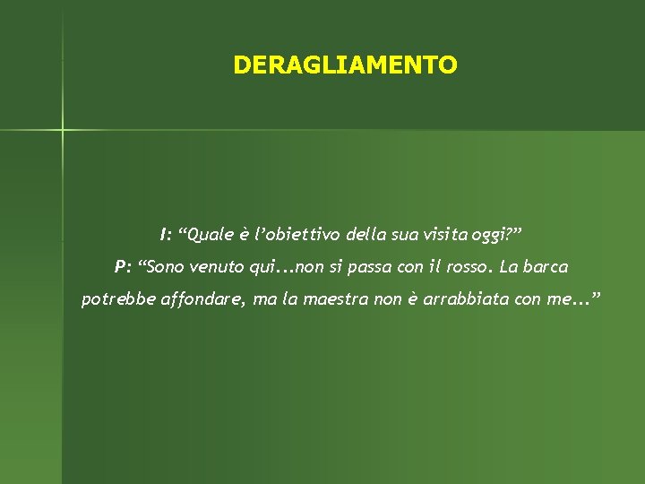 DERAGLIAMENTO I: “Quale è l’obiettivo della sua visita oggi? ” P: “Sono venuto qui.