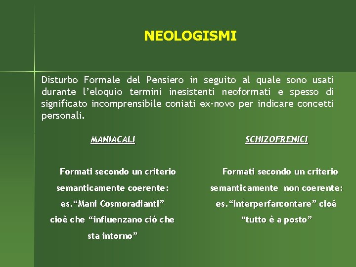 NEOLOGISMI Disturbo Formale del Pensiero in seguito al quale sono usati durante l’eloquio termini