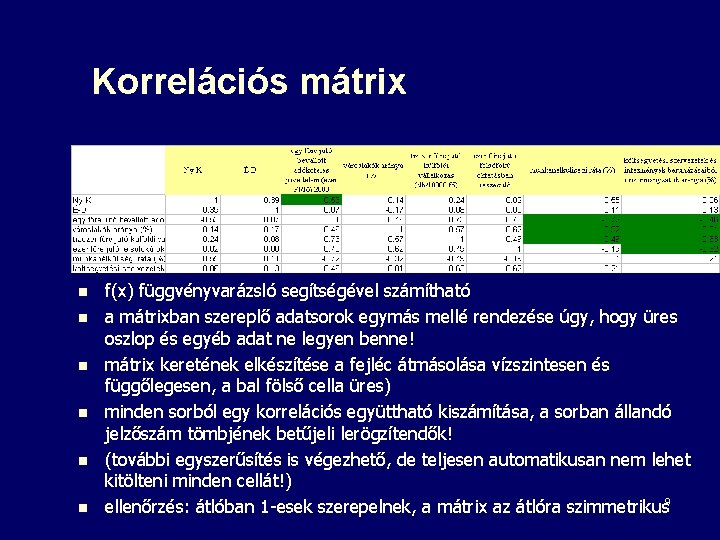 Korrelációs mátrix n n n f(x) függvényvarázsló segítségével számítható a mátrixban szereplő adatsorok egymás